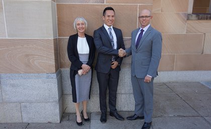 UQ Deputy Vice-Chancellor (Academic) Professor Joanne Wright, U21/PwC Innovation Challenge Group A winner Humberto Jimenez Martinez, and PwC Australia Partner Kris Isles. UQ-Deputy Vice-Chancellor-(Academic)-Professor-Joanne-Wright-Humberto-Jimenez-Martinez-and-PwC-Australia-Partner-Kris-Isles
